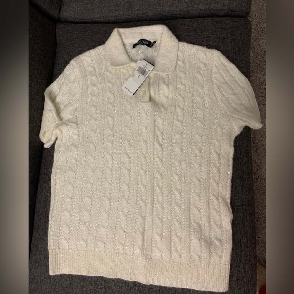 NWT Lauren Winter Cream sequin collared shirt sleeve sweater